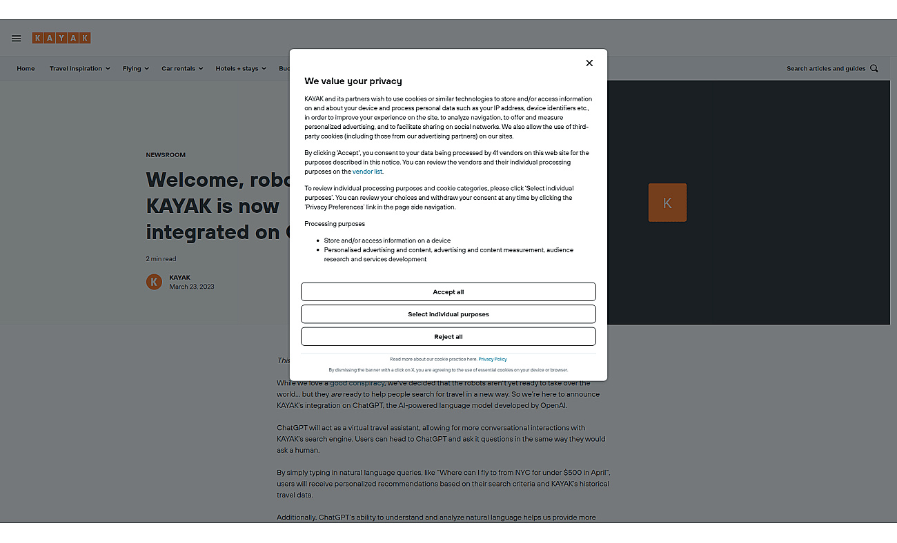 Kayak ChatGPT plugin screenshot