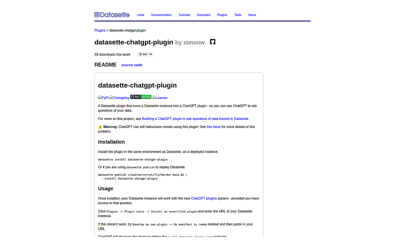 Datasette ChatGPT plugin screenshot