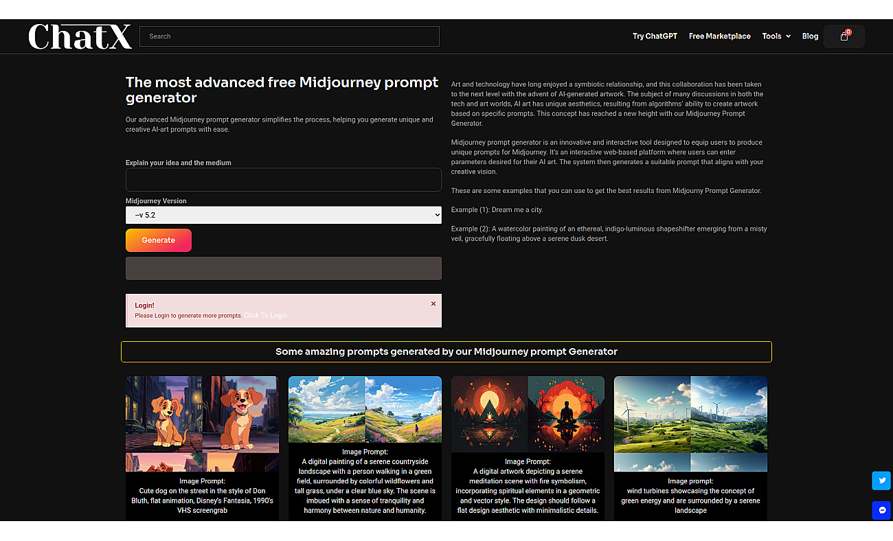 ChatX MidJourney Prompt Parameters Generator screenshot