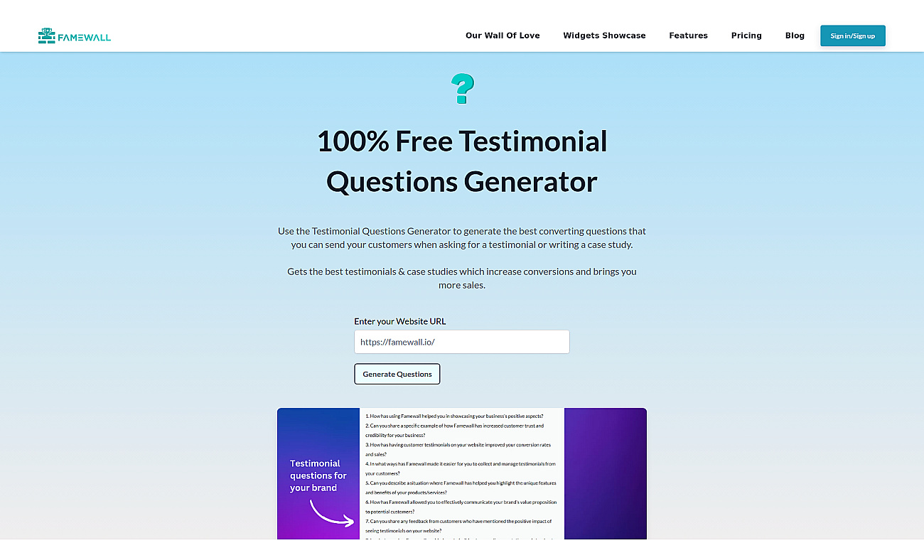 Testimonial Questions Generator screenshot