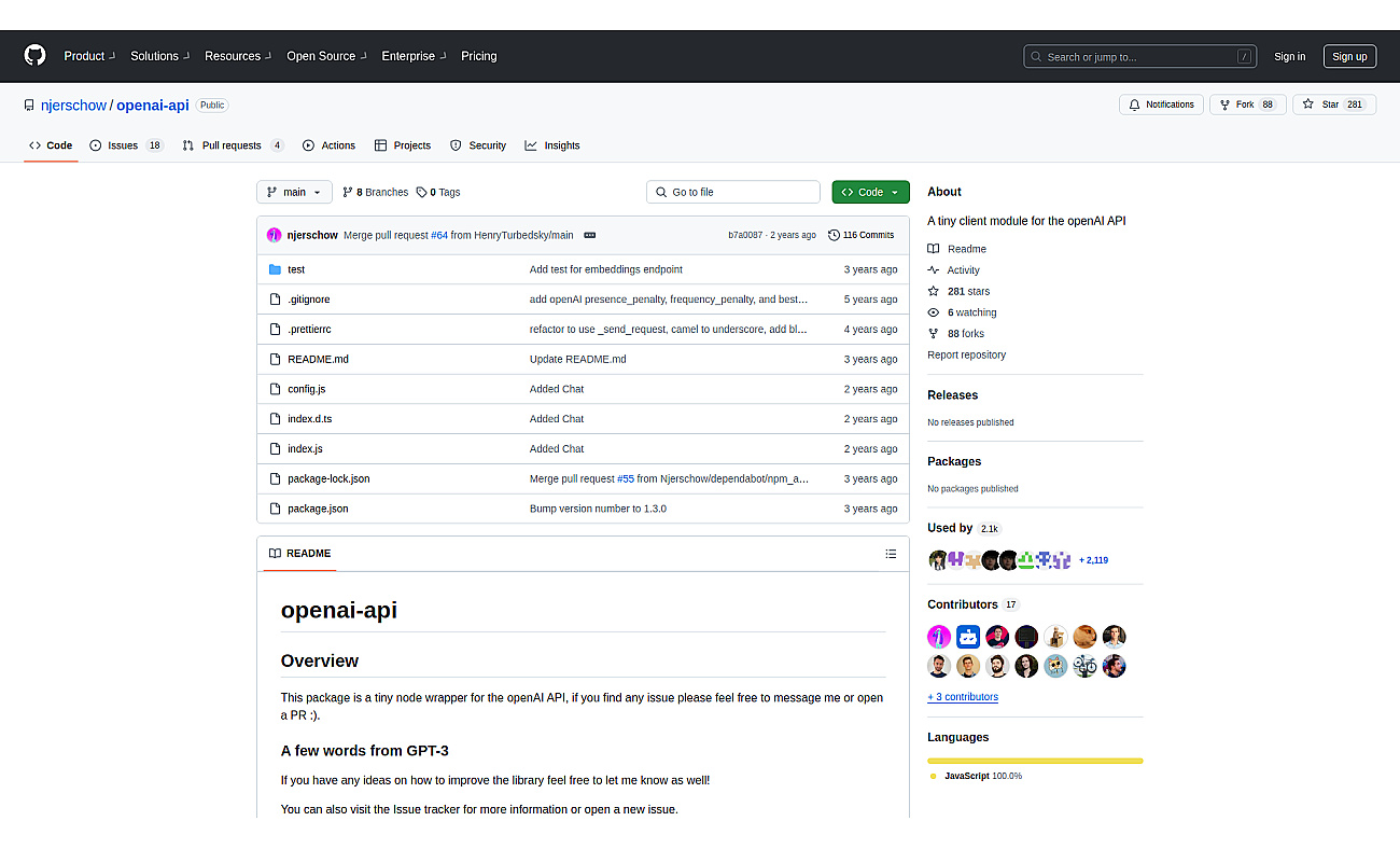 openAI API – Node/Javascript SDK screenshot