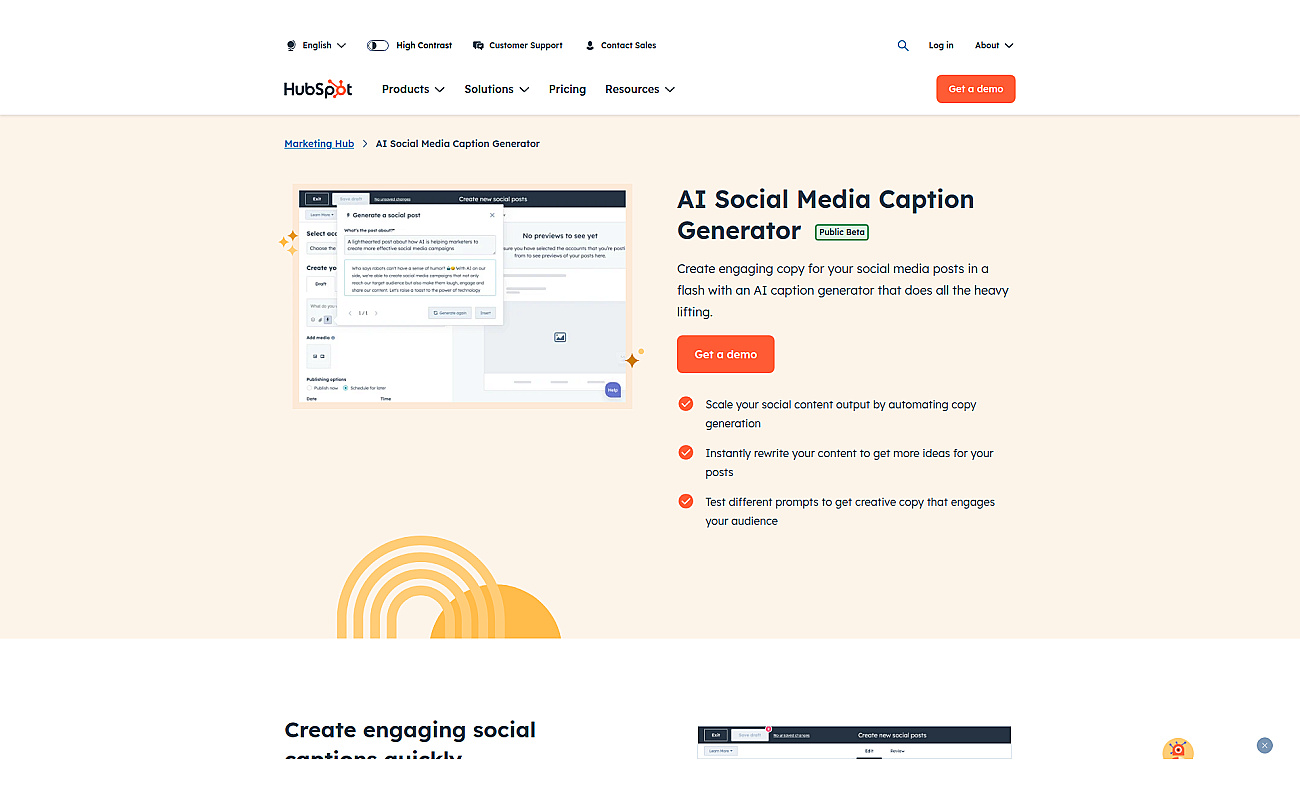 AI Social Caption Generator | HubSpot screenshot