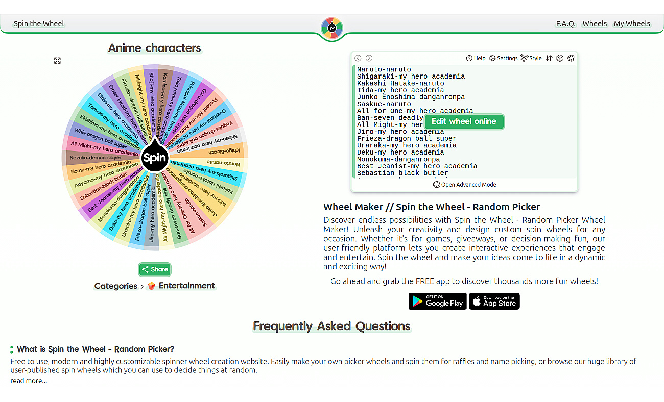 Anime characters  | Spin the Wheel screenshot
