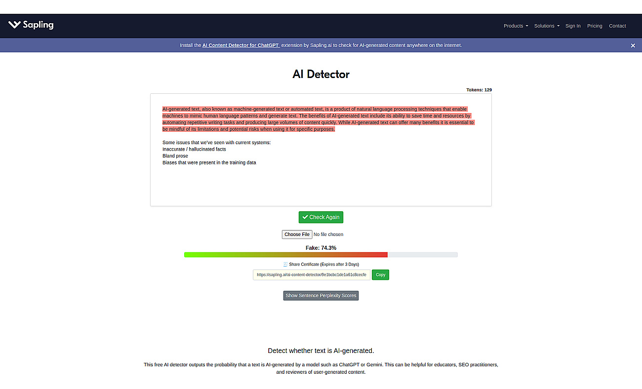 Sapling AI Content Detector screenshot