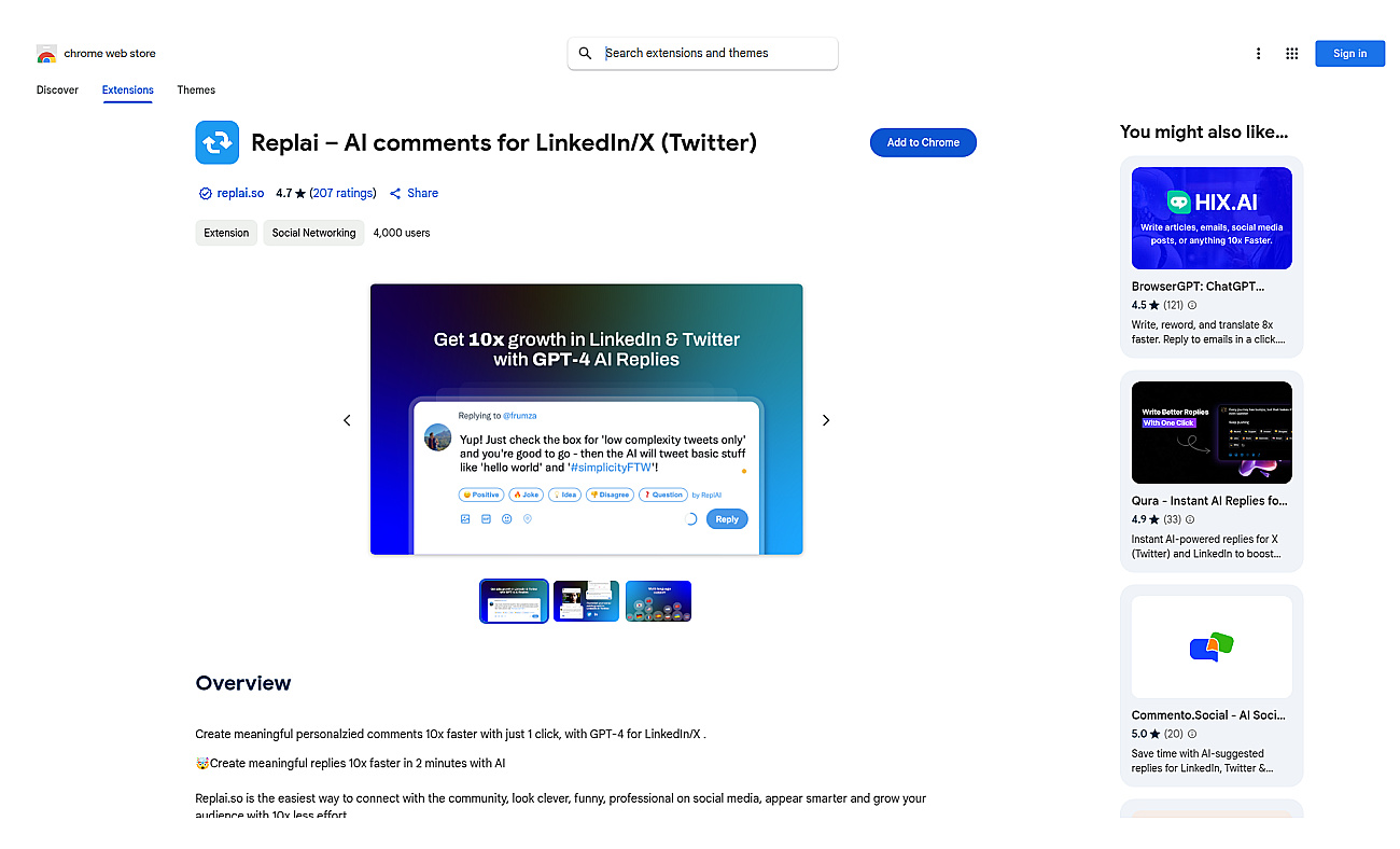 Replai – ChatGPT replies in Twitter LinkedIn screenshot