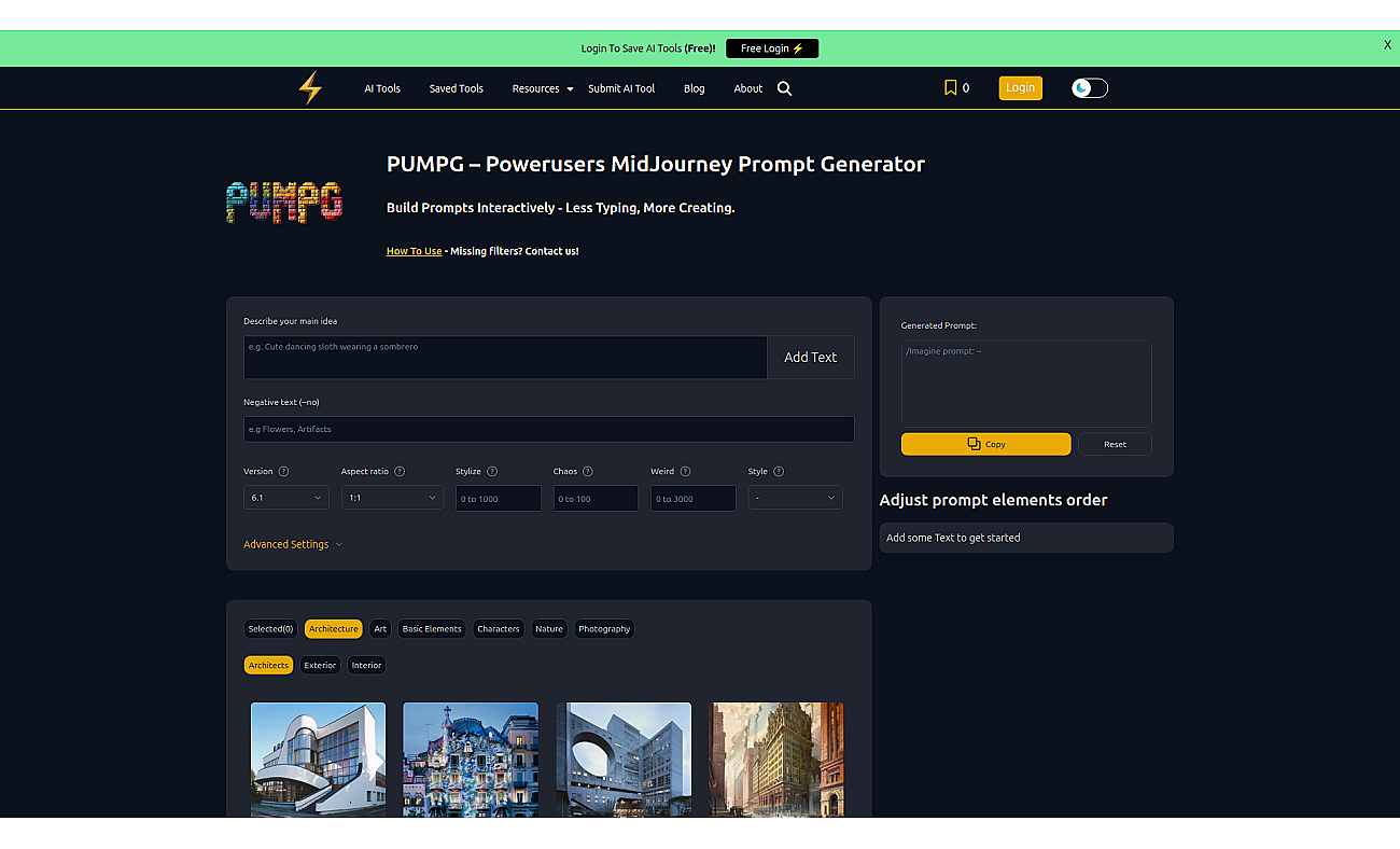 PUMPG - Midjourney prompt generator screenshot