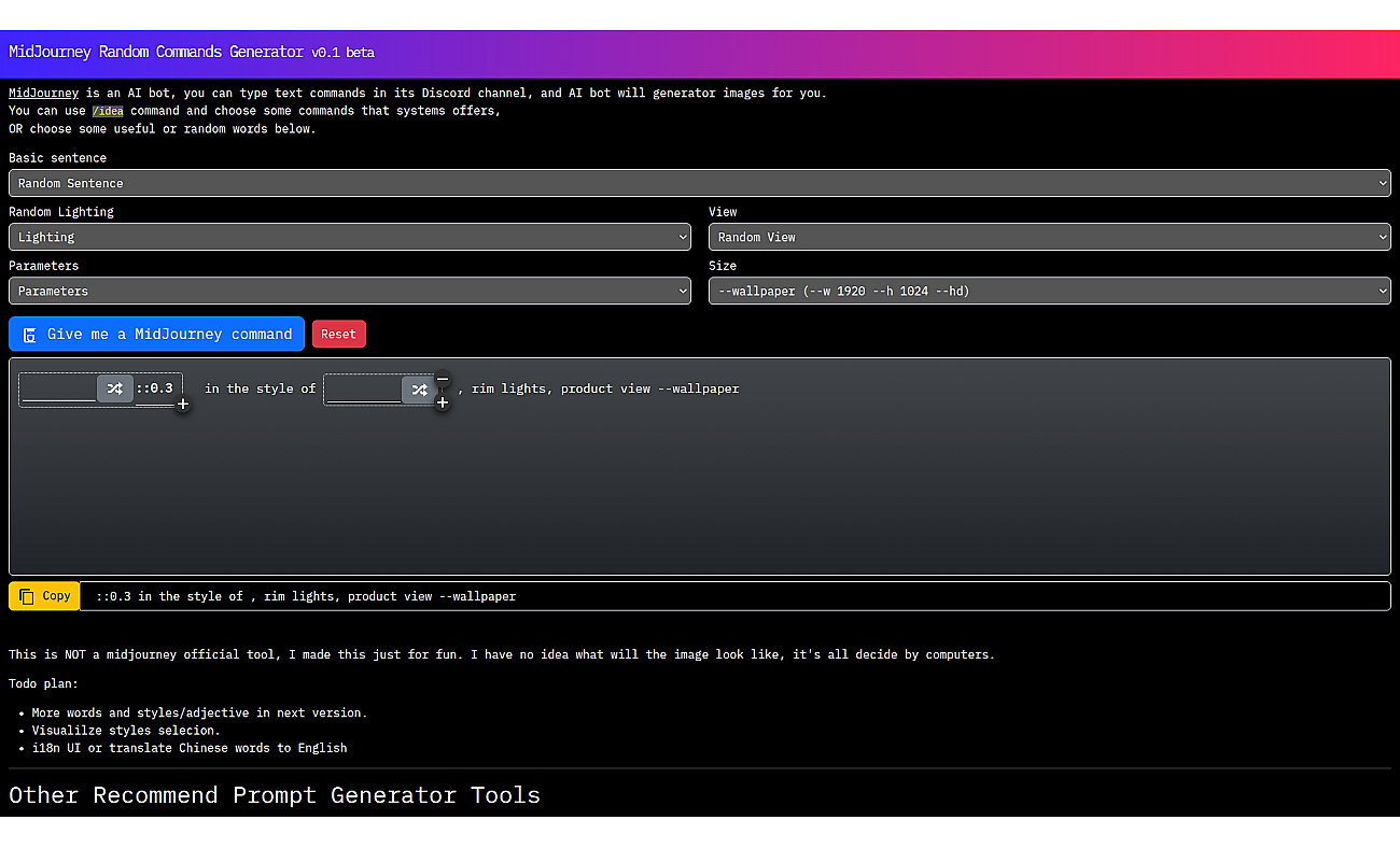 MidJourney Random Commands Generator screenshot