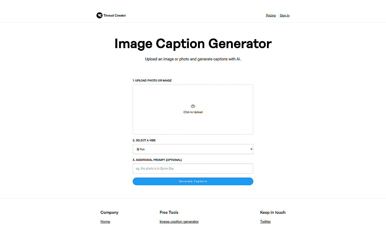 Threadcreator image caption generator screenshot