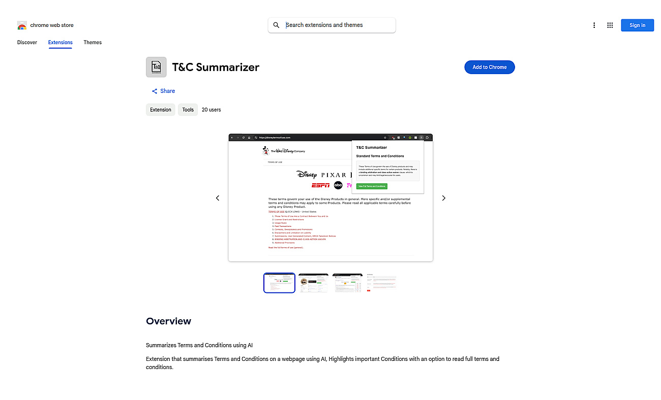 T&C Summarizer screenshot