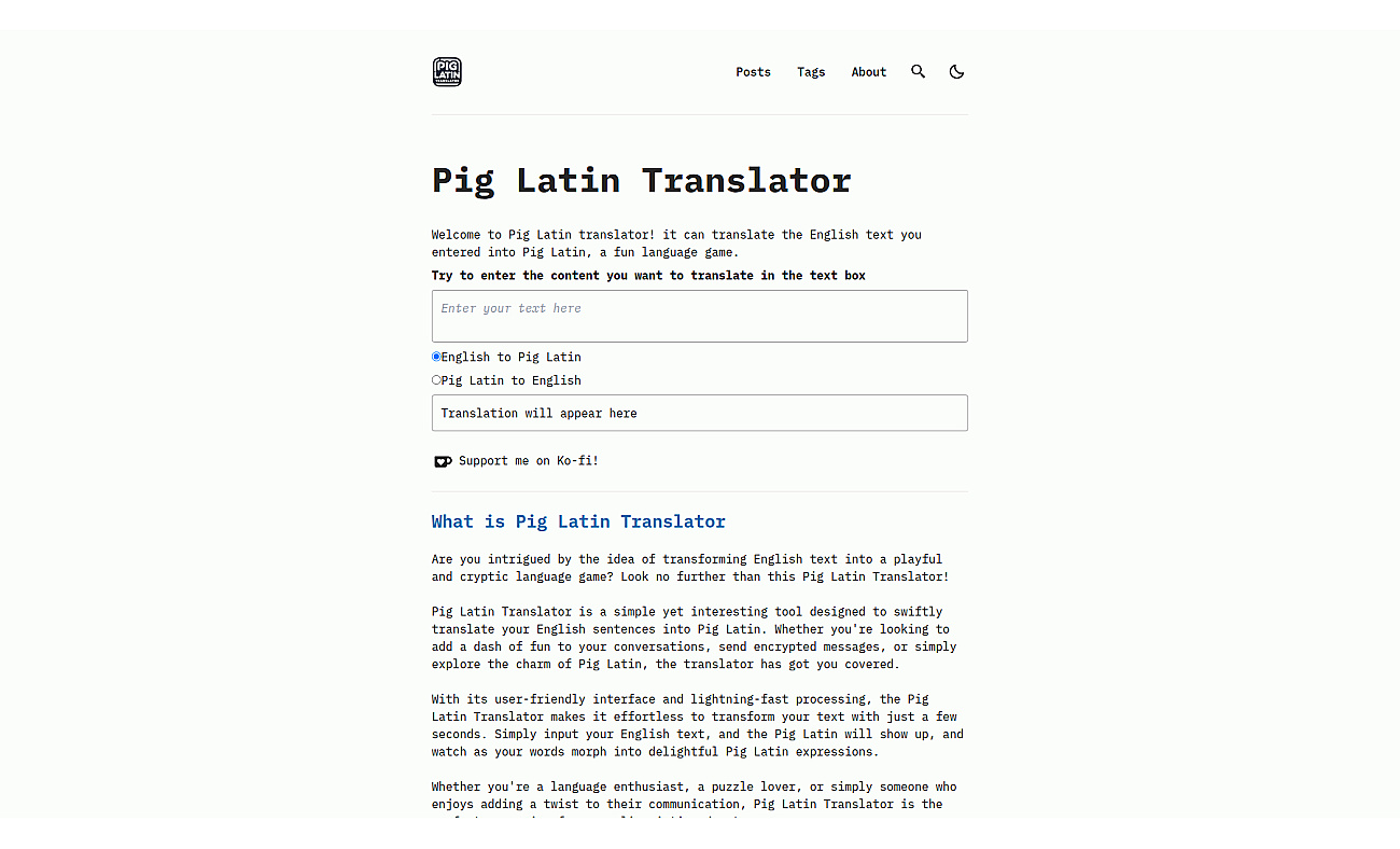 Pig latin translator screenshot