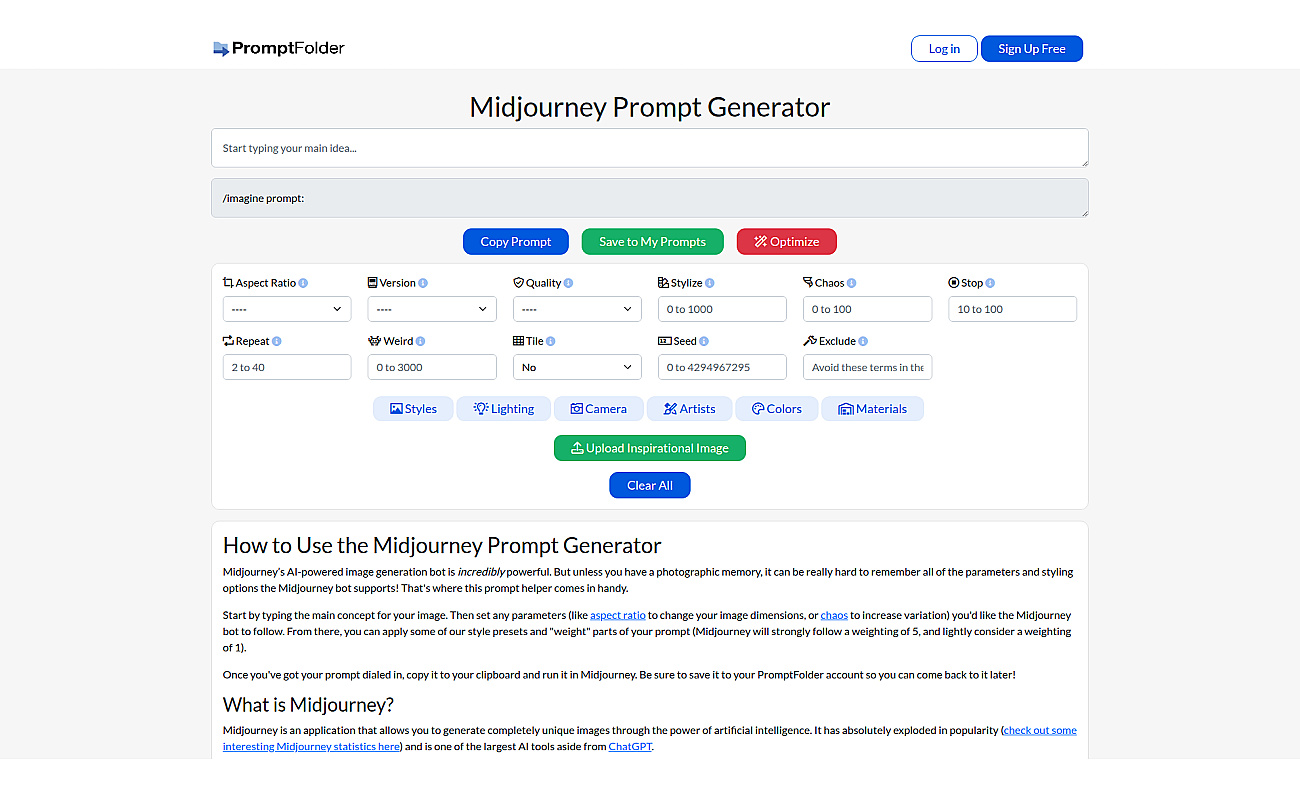 MidJourney Prompt Tool screenshot