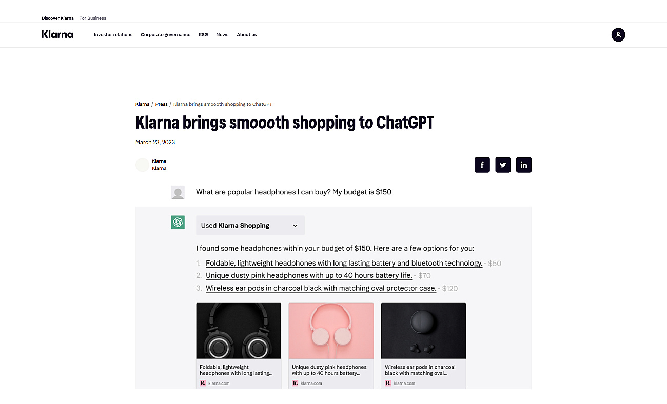 Klarna ChatGPT plugin screenshot