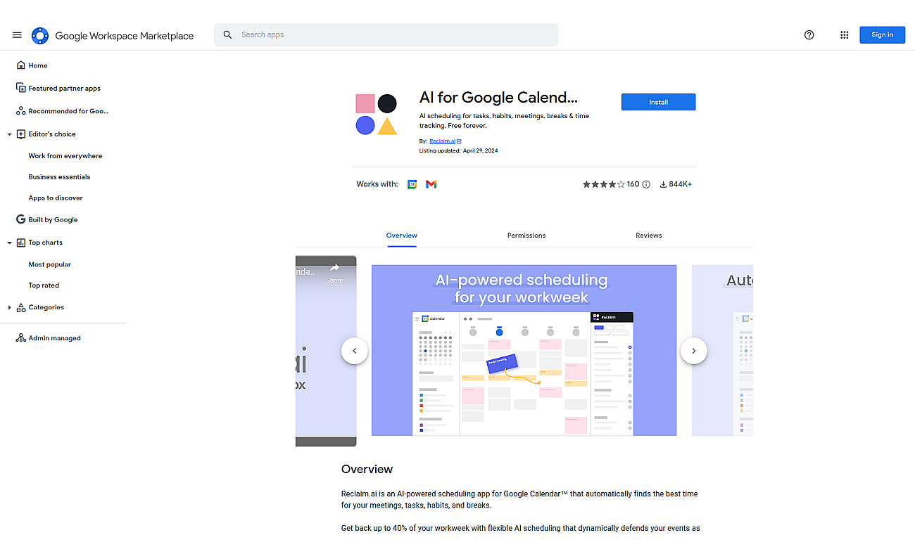 Reclaim Google Calendar screenshot