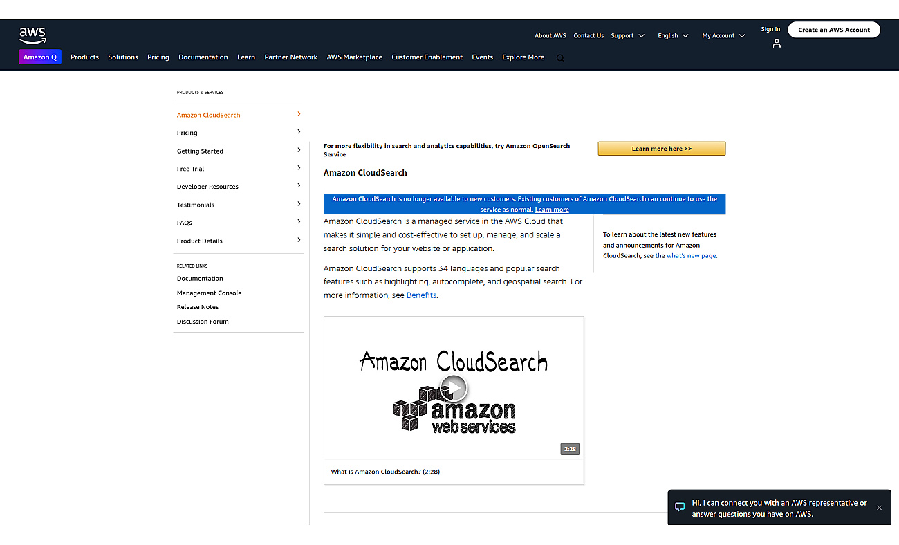 Amazon CloudSearch screenshot
